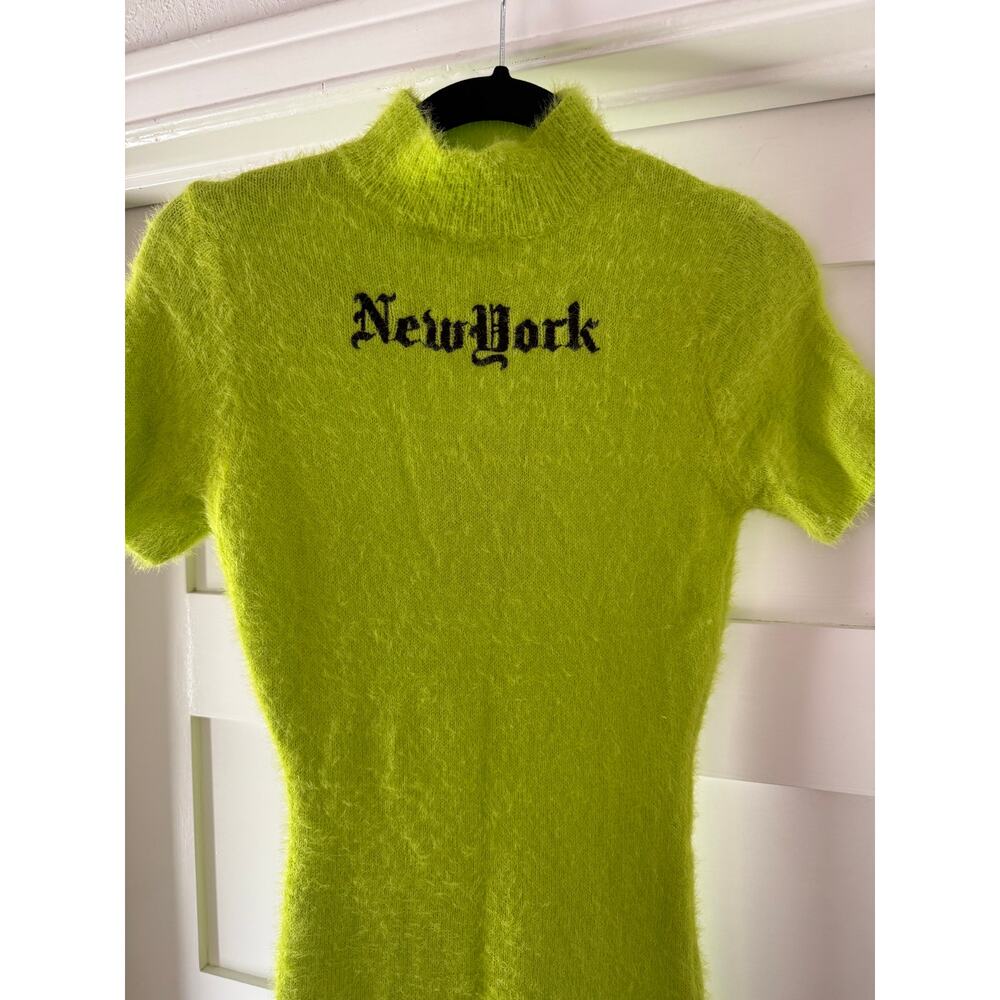 PrettyLittleThing Lime Fuzzy Knit Bodycon Mini Dress Goth New York Graphic Y2K